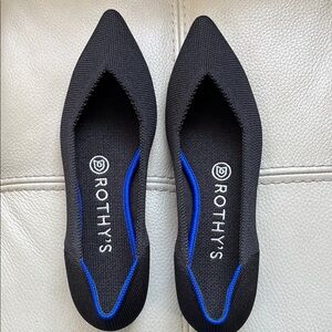 Rothy's Black Pointed-Toe Slip-On Flats with Blue Trim